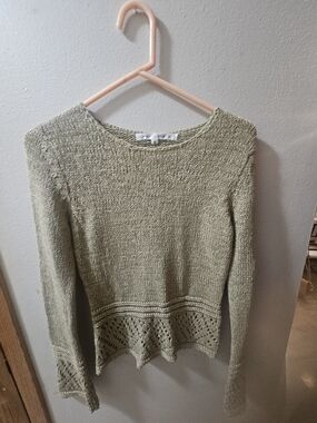 Max Studio Light Olive Knit Crew Sweater with Lace Hem
